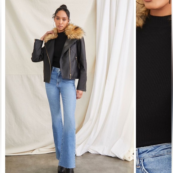 NWT Forever21 Faux Leather Biker jacket Size M Sherpa lined removable fur - Picture 3 of 11